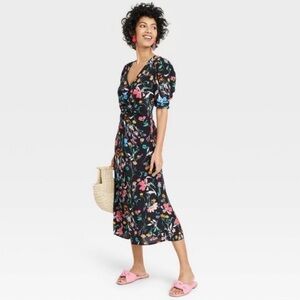 A New Day Floral Puff Sleeve A Line Midi Dress